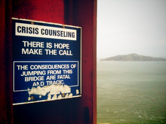 The sun was shining as we rode across the bridge, and it was hot despite the strong wind blowing in off the pacific. We kept stopping to take photos of ourselves, of the bridge, of the bay beyond. Frankly we couldn't have been anywhere better at that moment. This is not always so with everyone who visits the bridge.